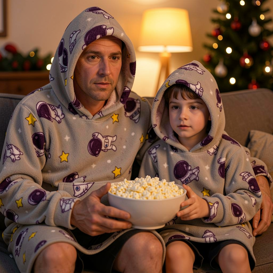 Dad and son in matching Spaceman Snugzillas