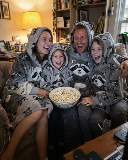 Family movie night in matching Snugzillas