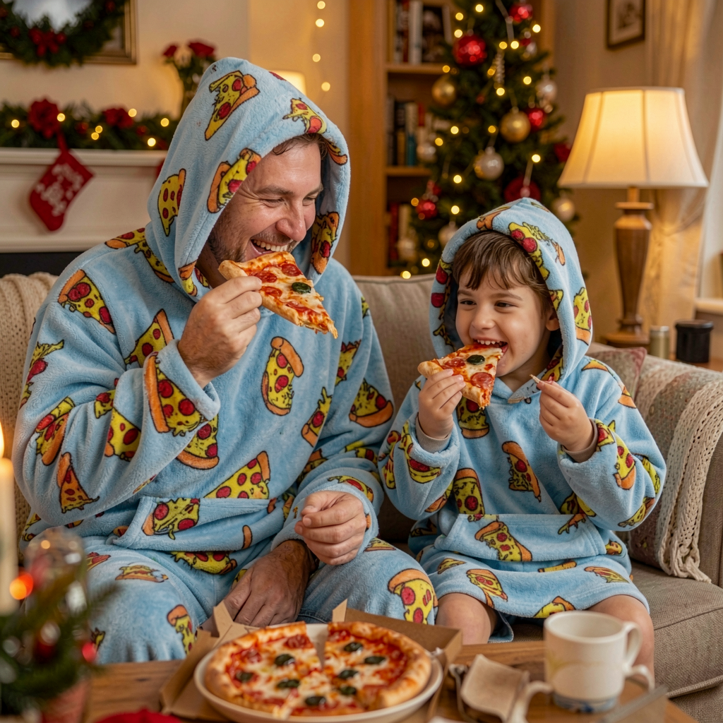 Dad and son eating pizza in matching Pizza Party Snugzillas
