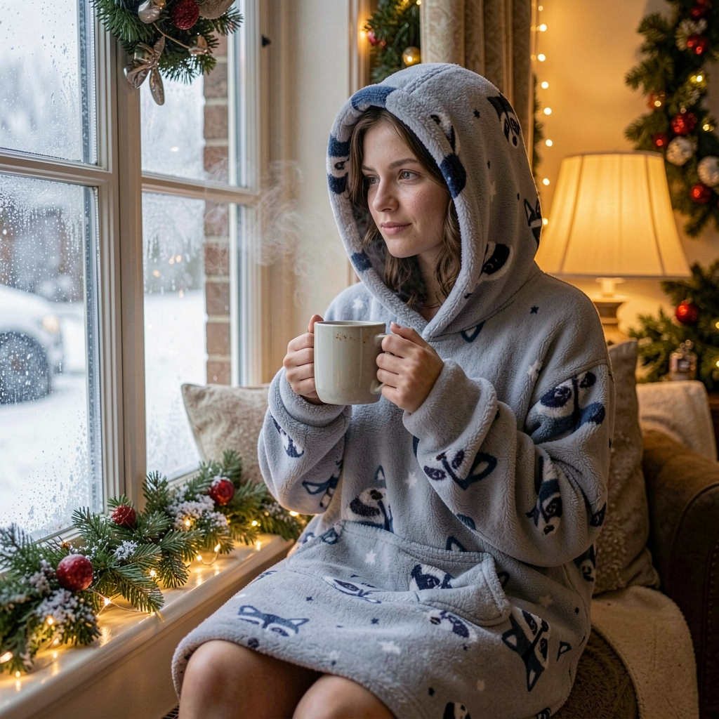 Woman at a snowy window in the Raccoon Snugzilla