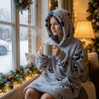Woman at a snowy window in the Raccoon Snugzilla