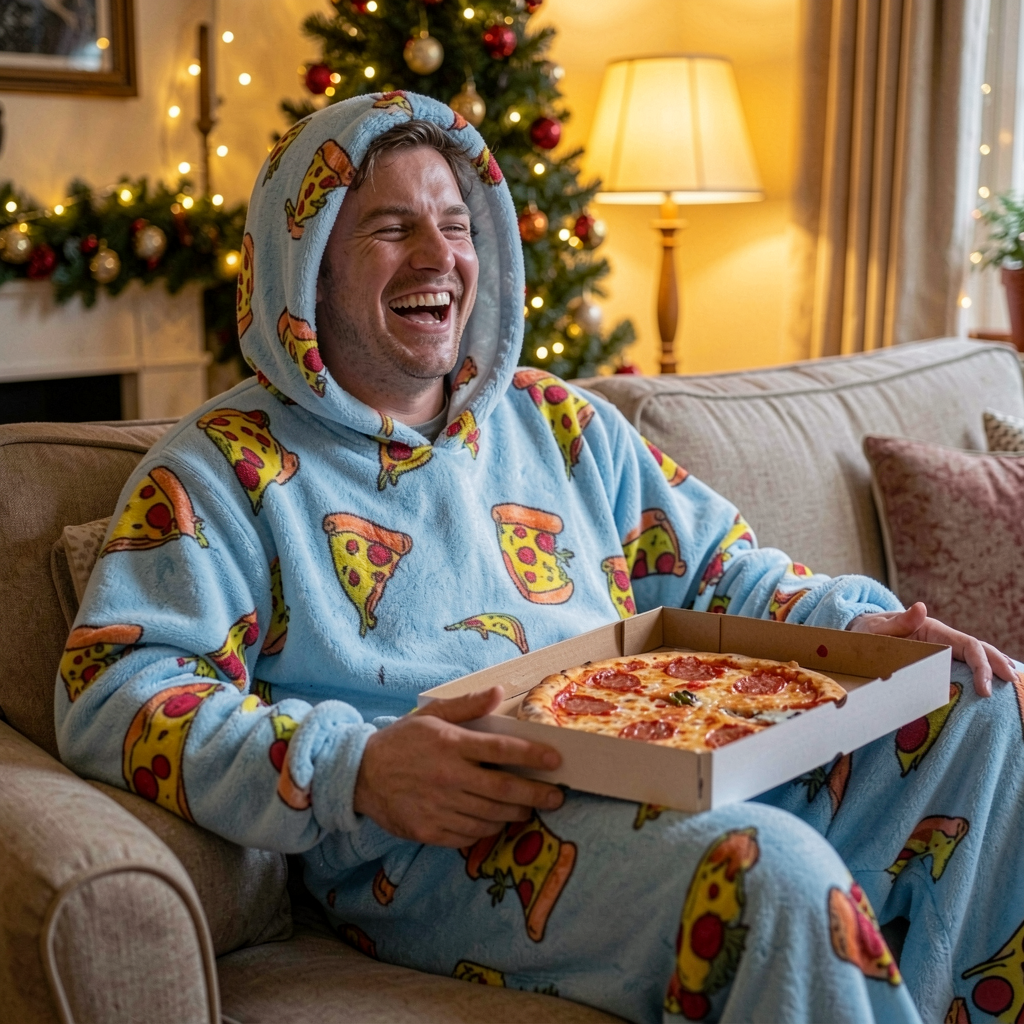 Man laughing on the sofa in the Pizza Party Snugzilla