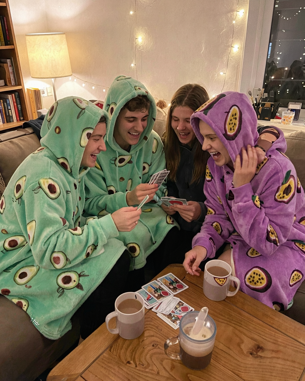 Friends playing cards in Avocado and Passion Fruit Snugzillas