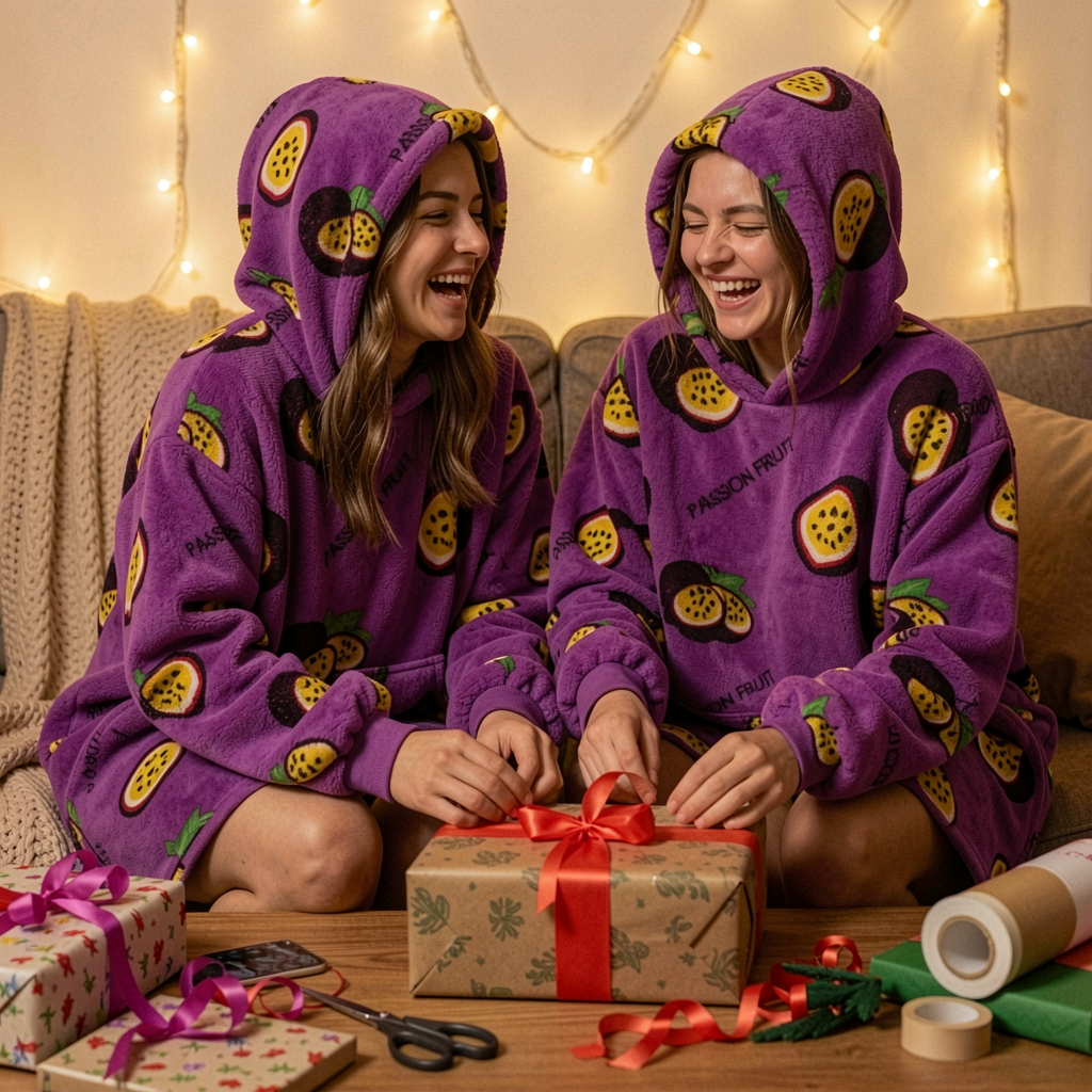 Two friends laughing while wrapping Christmas presents in matching Passion Fruit Snugzillas