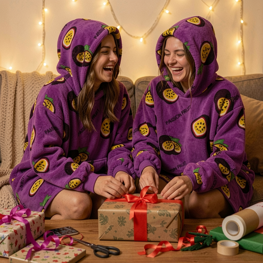 Friends wrapping presents in Passion Fruit Snugzillas