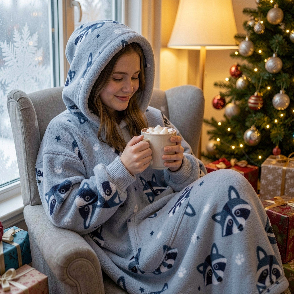 Woman by a frosty window on Christmas morning in the Raccoon Snugzilla with hot chocolate