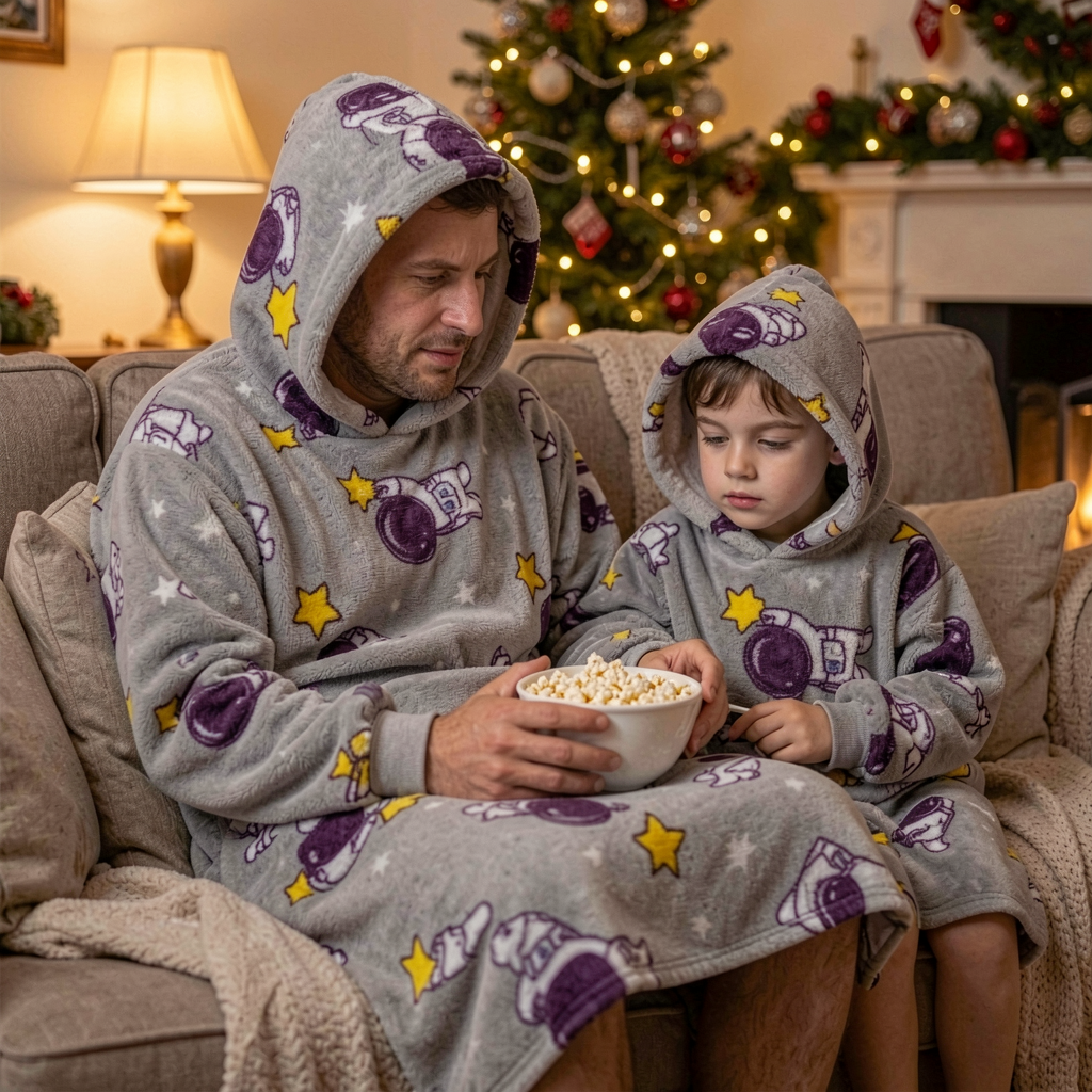 Dad and son with popcorn in matching Spaceman Snugzillas