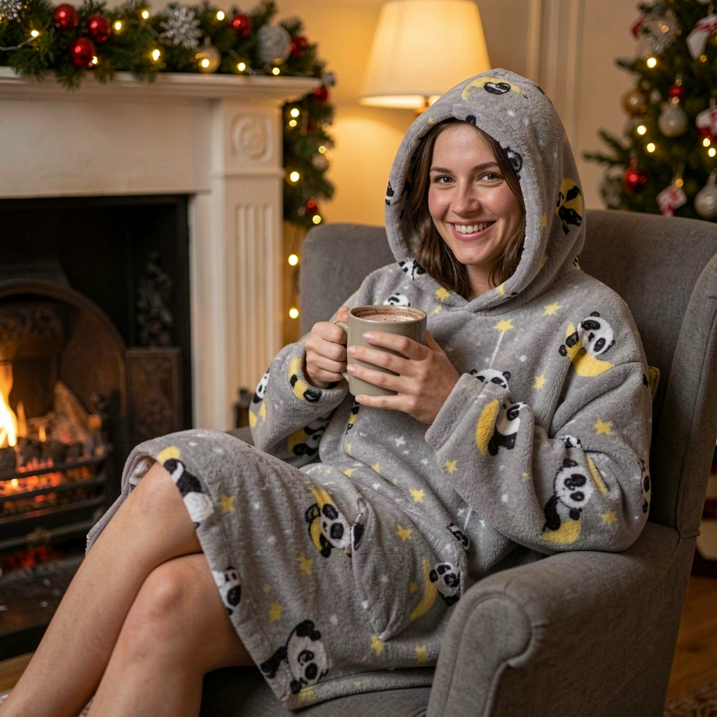 Woman by the fireplace in the Panda Moon Snugzilla