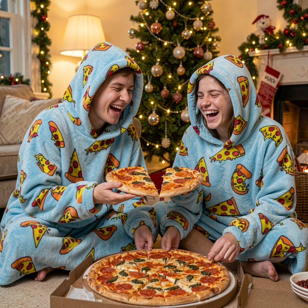 Couple sharing pizza in Pizza Party Snugzillas