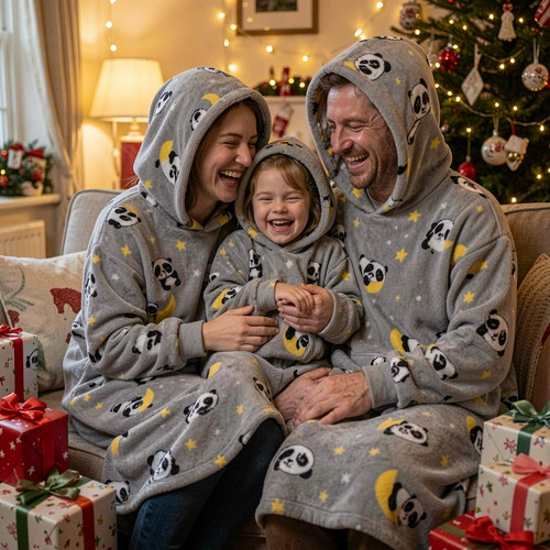 Family in matching Panda Moon Snugzillas on Christmas morning