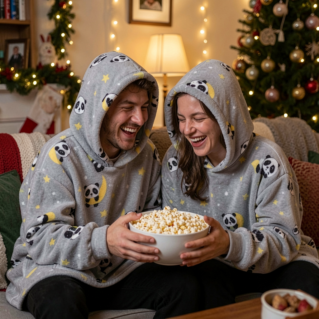 Friends sharing popcorn in Panda Moon Snugzillas