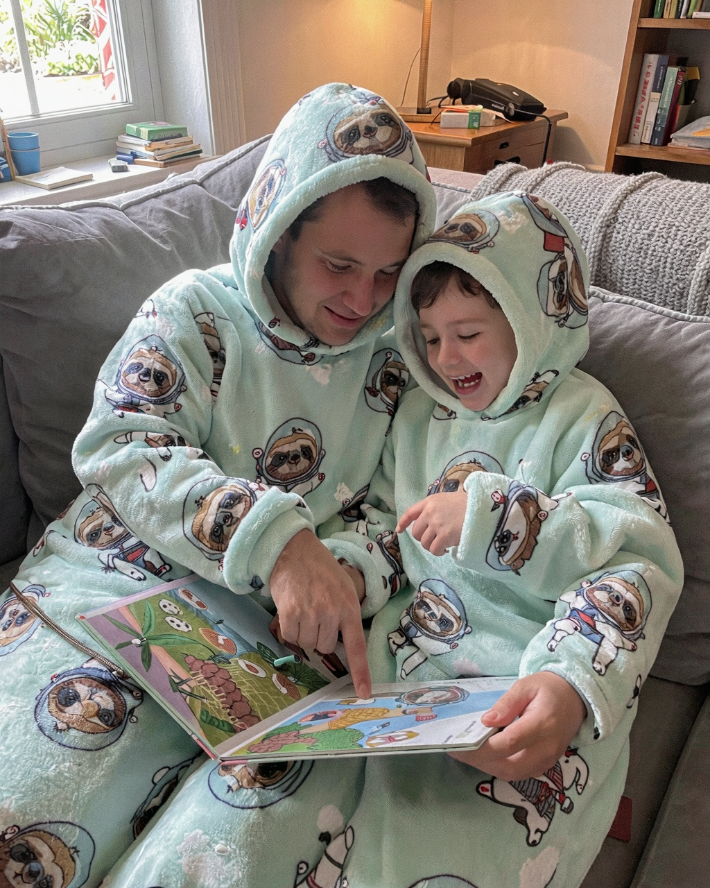 Dad and son reading in matching Space Sloth Snugzillas